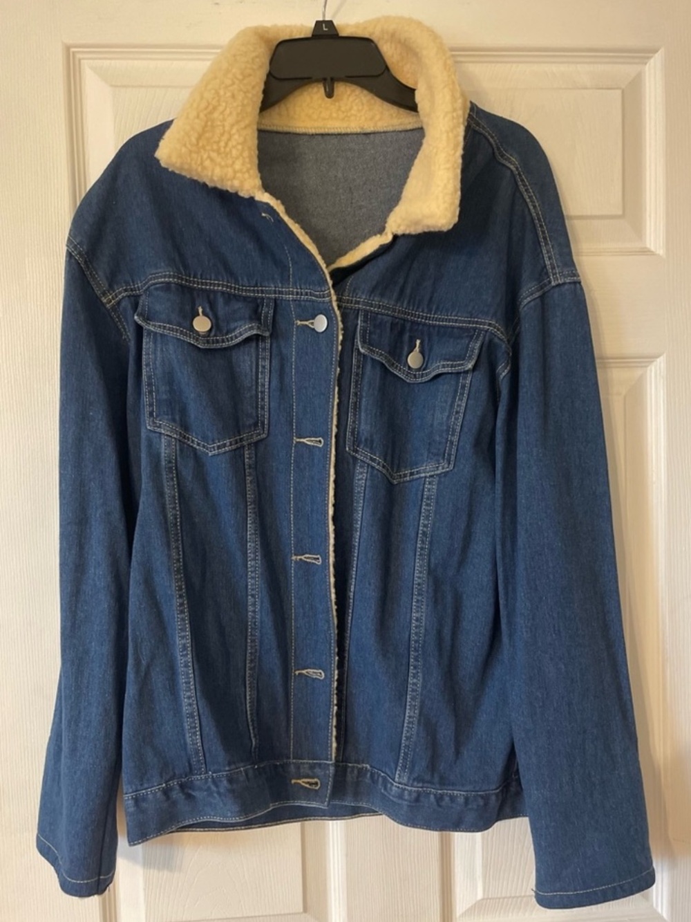SHEIN Blue Denim Jacket with Cream Sherpa Collar